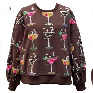 QUEEN OF SPARKLES Brown Sweater with Colorful Cocktail Design